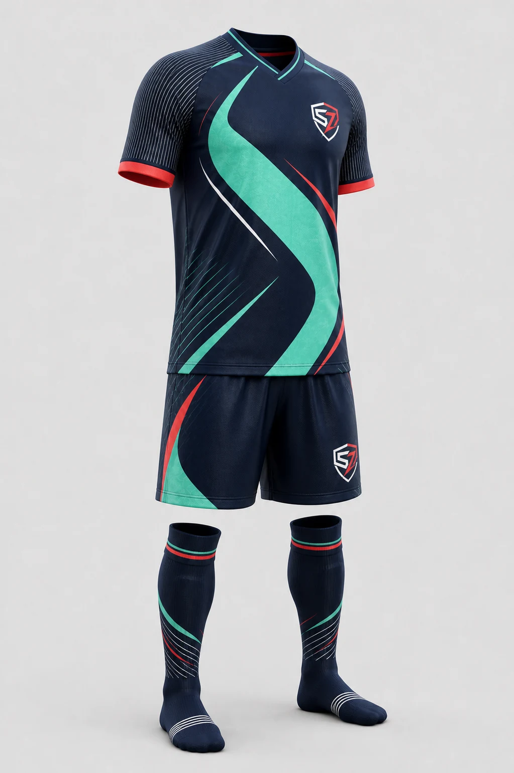 Three-quarter view of the Midnight Mint football kit offered with quantity pricing