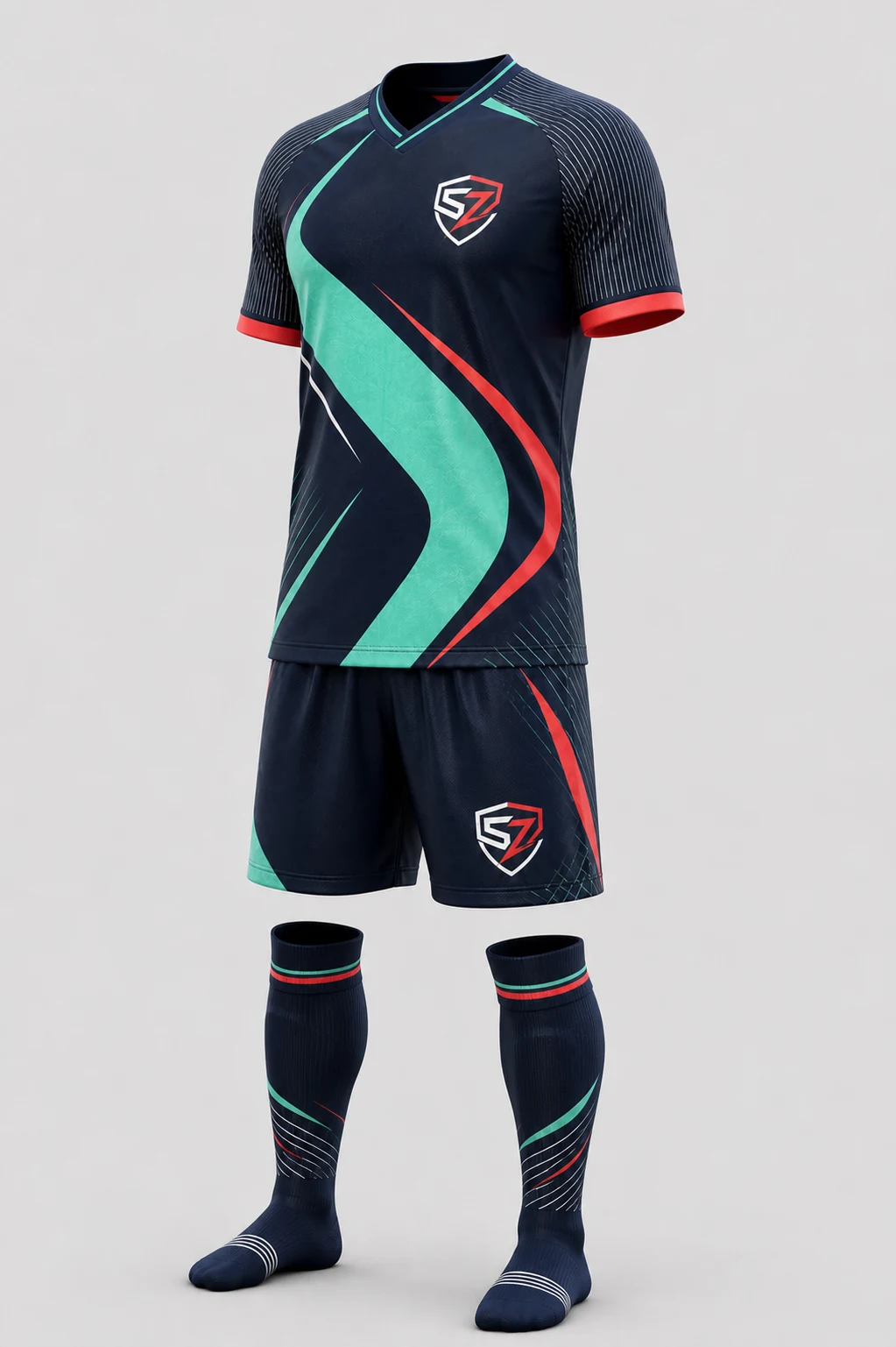 Alternative view of the complete Midnight Mint custom football kit with matching socks
