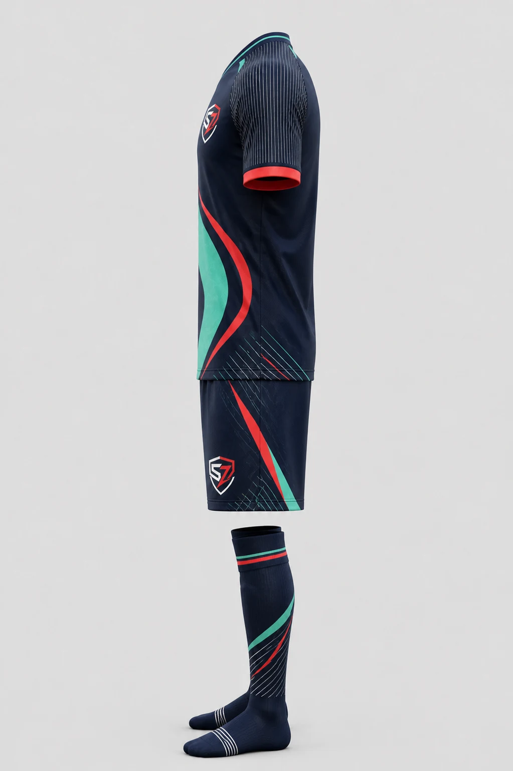 Side view of Midnight Mint football shirt and shorts illustrating garment fit