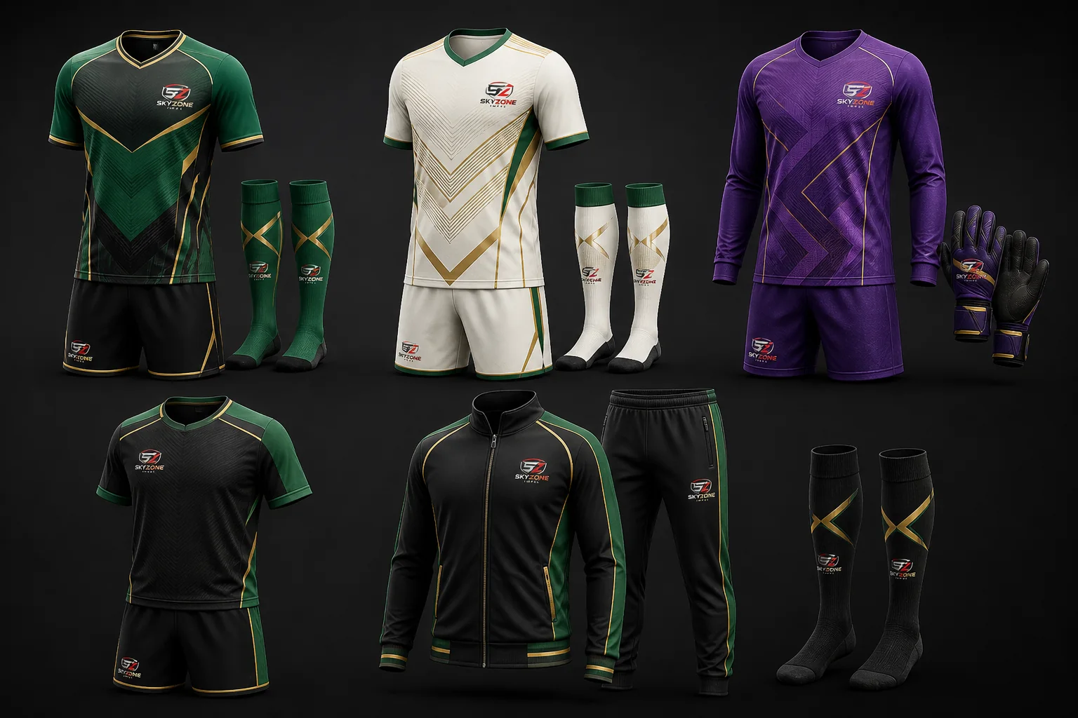 Coordinated emerald and gold football club teamwear across match training goalkeeper and coach products