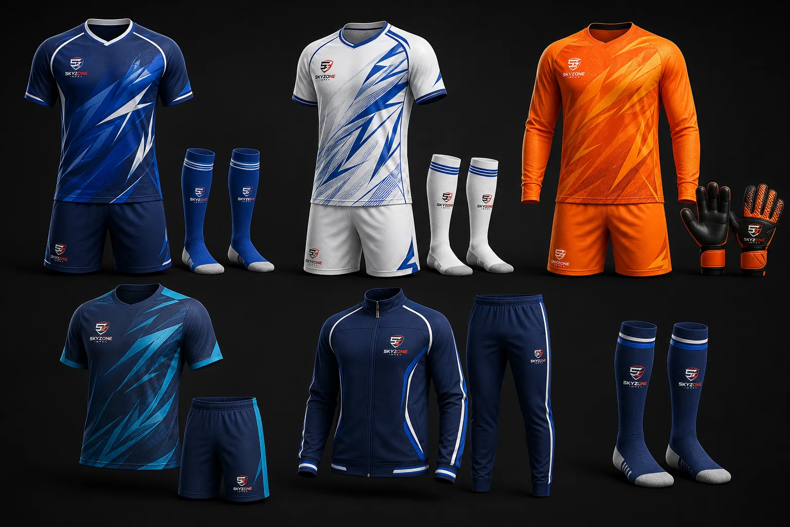 Royal blue complete custom football package prepared for club artwork and product approval