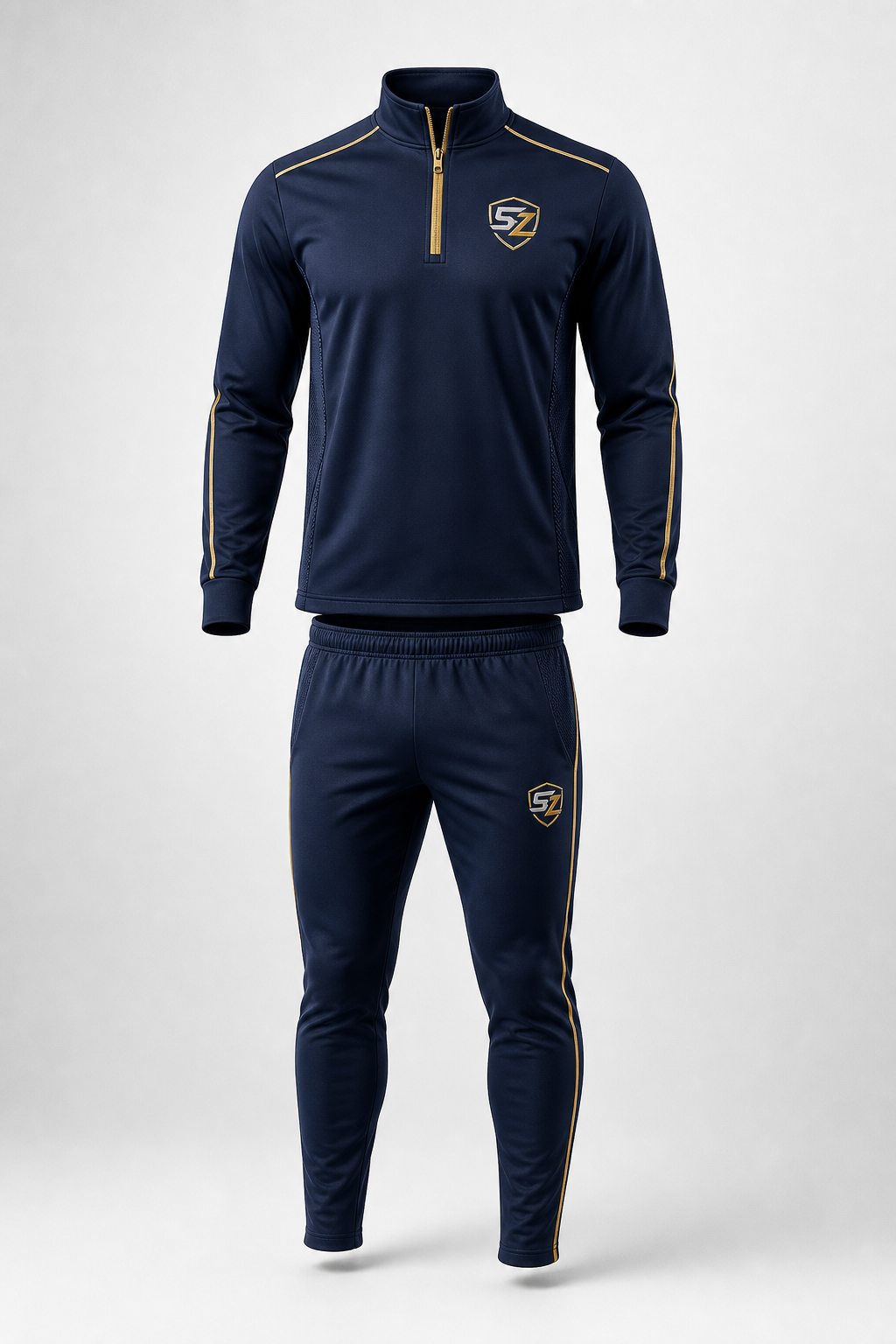 Custom soccer club half zip warm up tracksuit in navy and gold