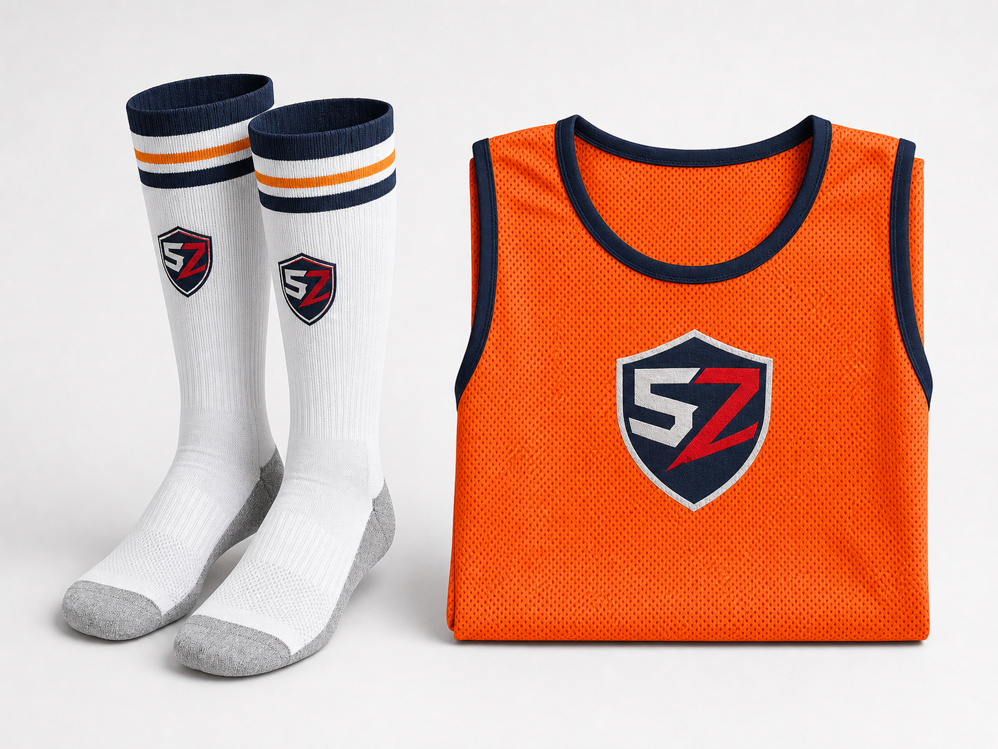 Orange training bib and white soccer socks for custom soccer team package