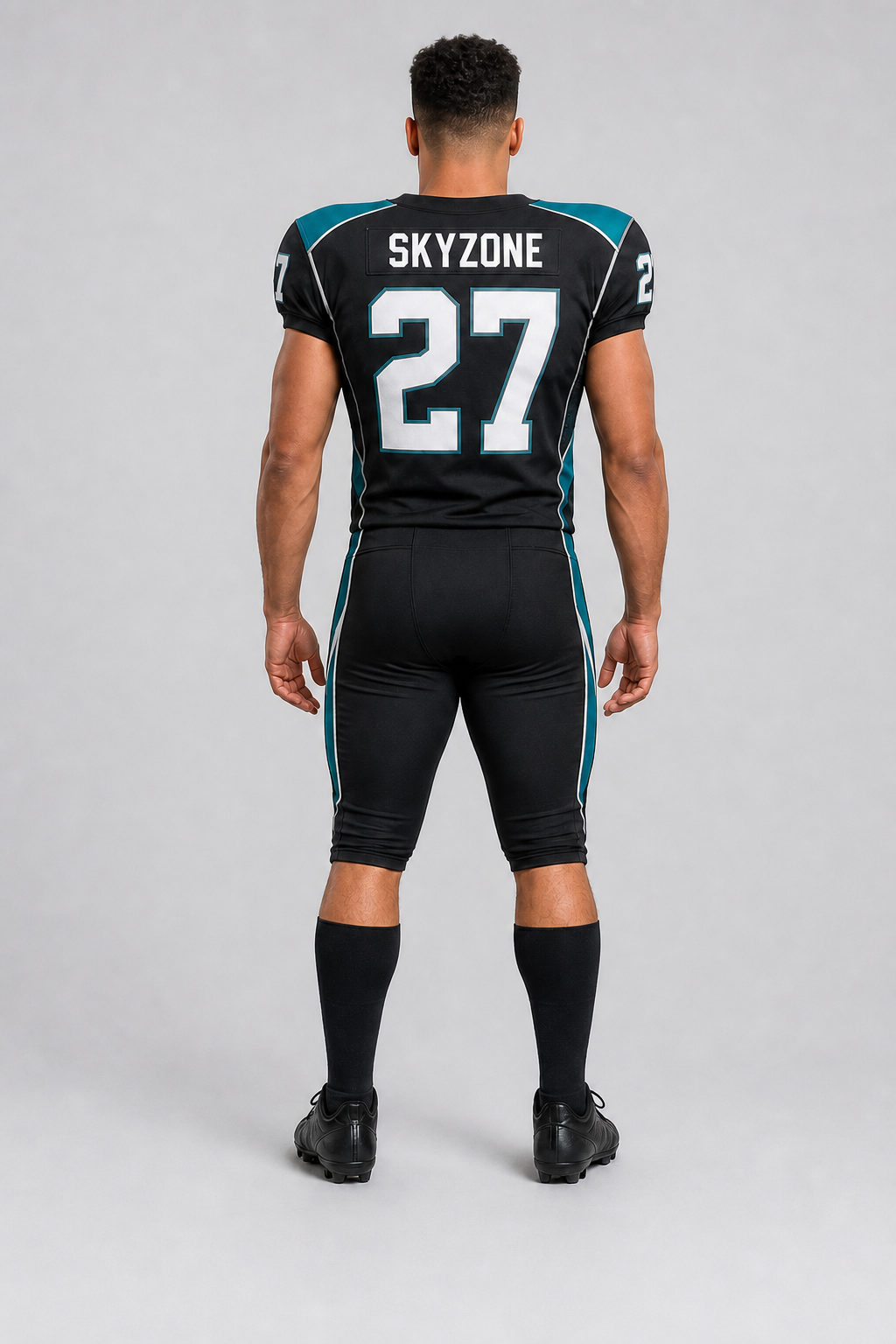 Back view of Skyzone graphite teal American football uniform with SKYZONE nameplate and number 27