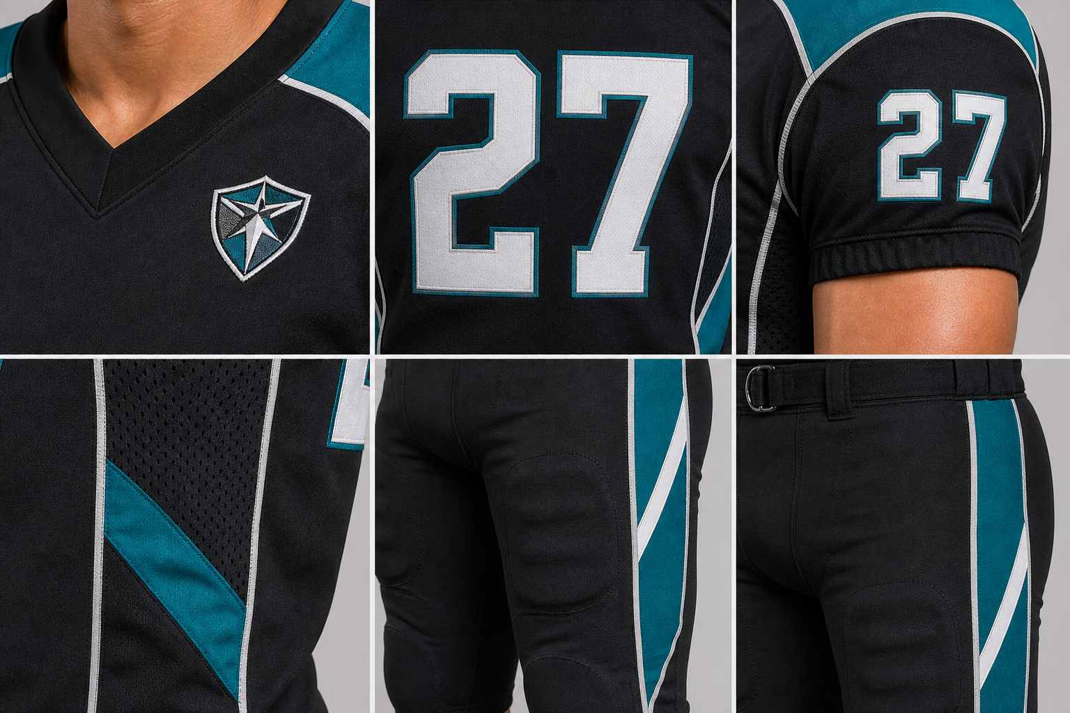 Closeup collage of American football uniform collar crest number mesh side panel pants and cleats