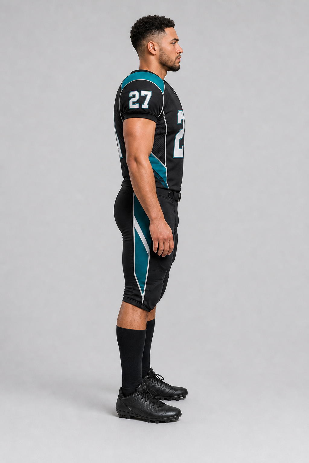 Left side view of Skyzone American football uniform showing side panel and padded pants
