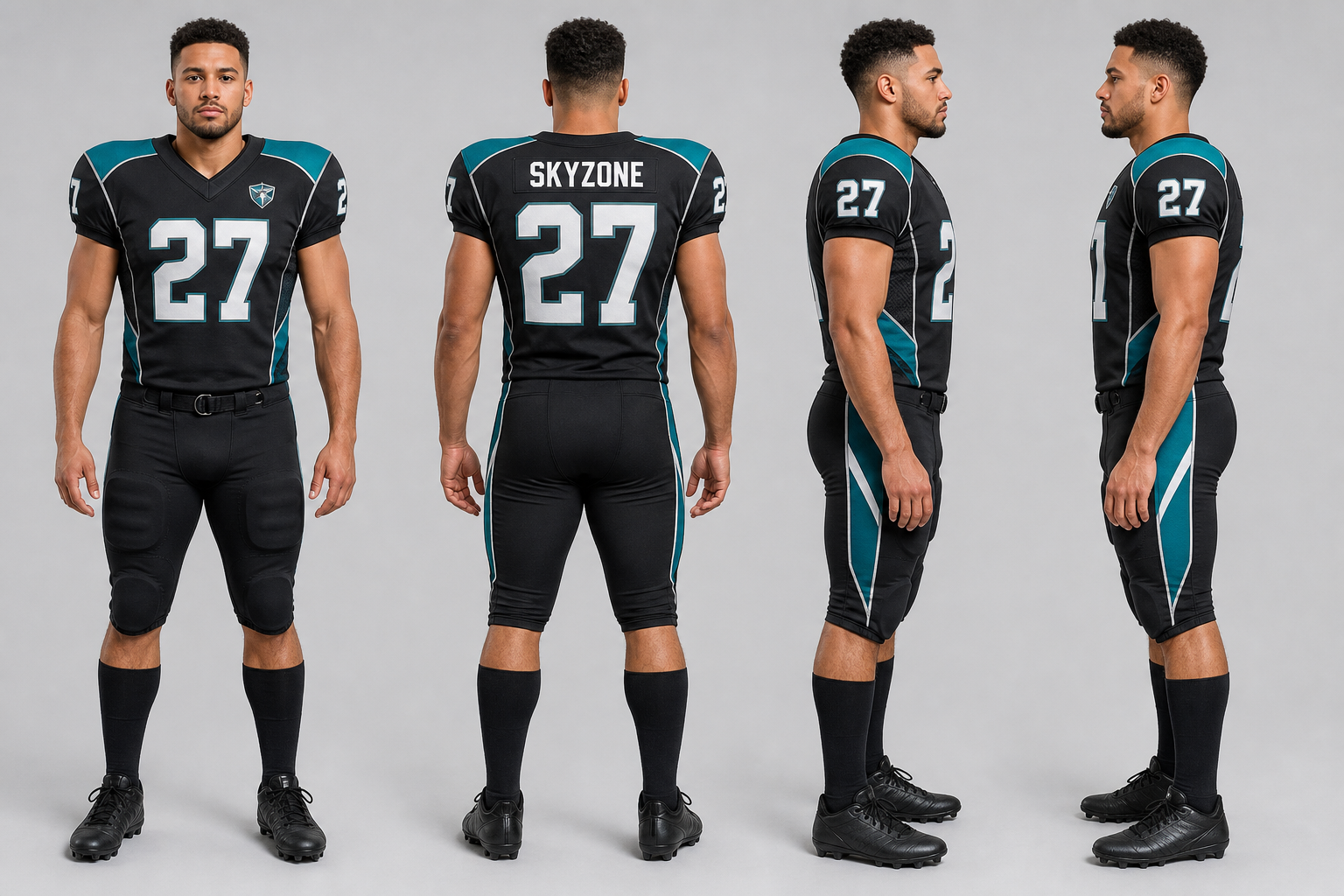 Skyzone graphite teal American football uniform reference sheet with front, back, left, and right views