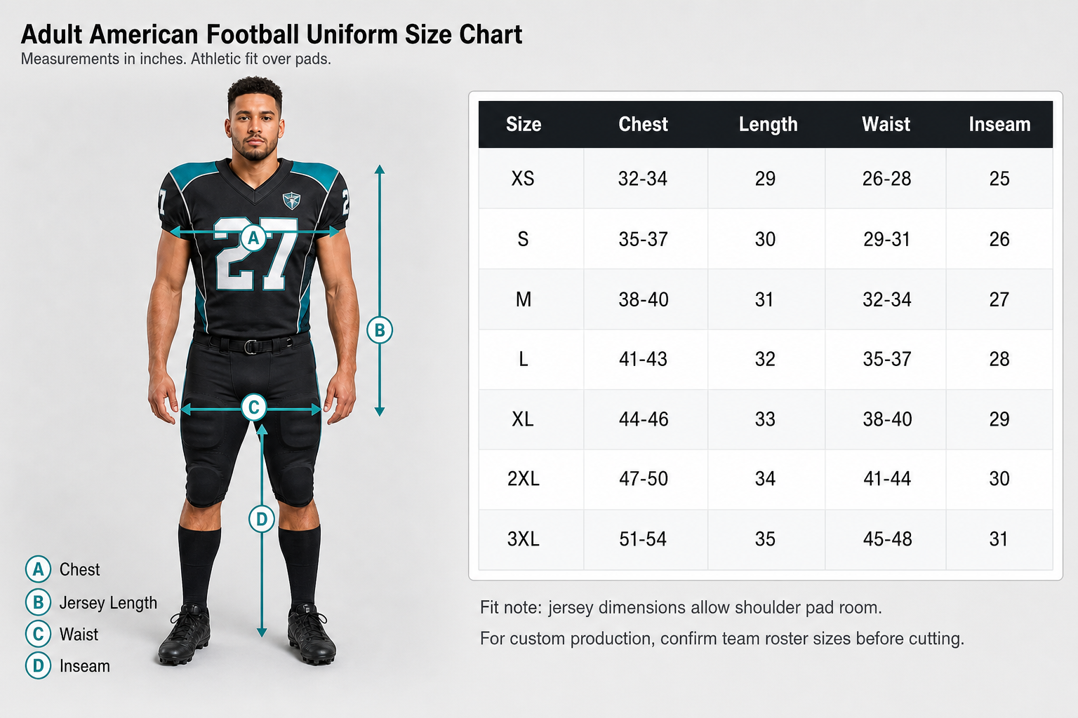 American football uniform size chart with measurement guide