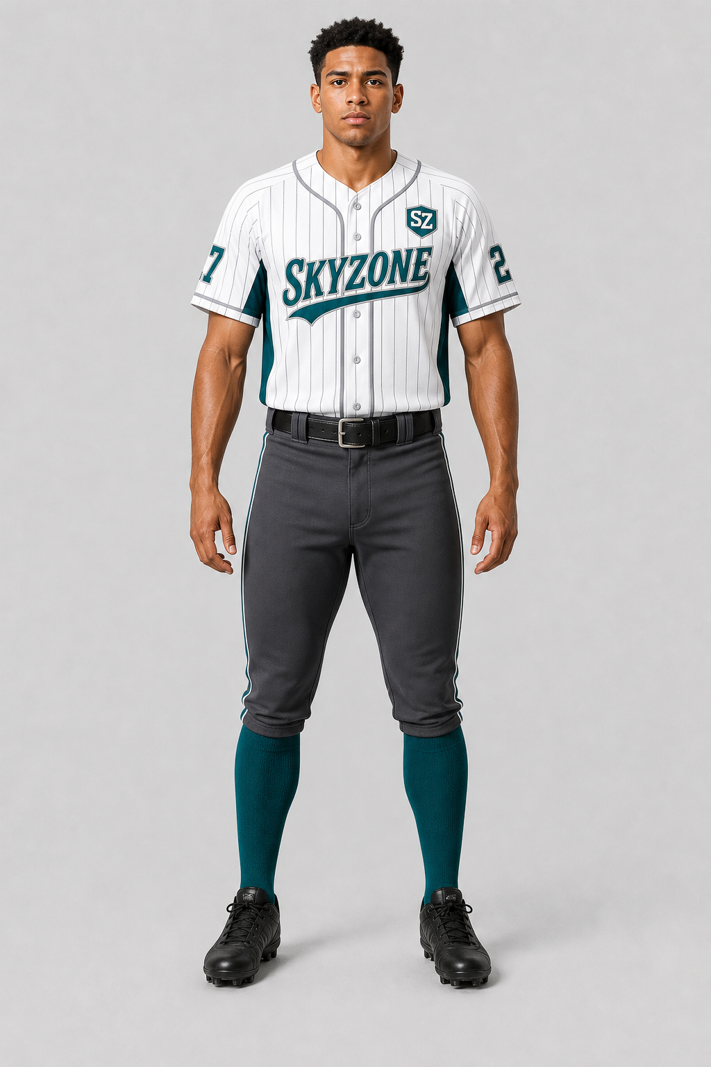 Skyzone Pro Baseball Uniform - White Teal Pinstripe Button Set